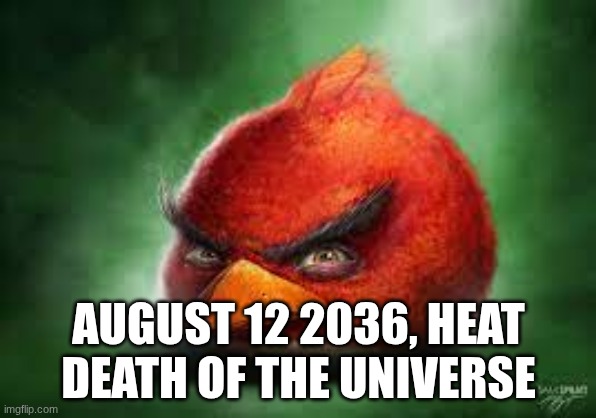 Realistic Red Angry Birds | AUGUST 12 2036, HEAT DEATH OF THE UNIVERSE | image tagged in realistic red angry birds | made w/ Imgflip meme maker