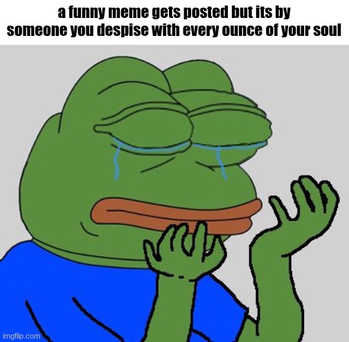 pepe cry | a funny meme gets posted but its by someone you despise with every ounce of your soul | image tagged in pepe cry | made w/ Imgflip meme maker