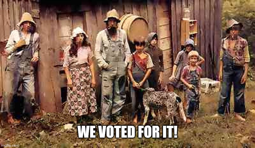 MAGA voters falling out of love with Trump. Hillbilly redneck | WE VOTED FOR IT! | image tagged in maga voters falling out of love with trump hillbilly redneck | made w/ Imgflip meme maker