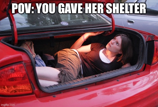 Trunk Woman | POV: YOU GAVE HER SHELTER | image tagged in trunk woman | made w/ Imgflip meme maker