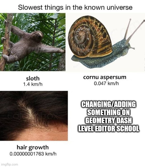 Why level editor? | CHANGING/ADDING SOMETHING ON GEOMETRY DASH LEVEL EDITOR SCHOOL | image tagged in geometry dash,slow | made w/ Imgflip meme maker