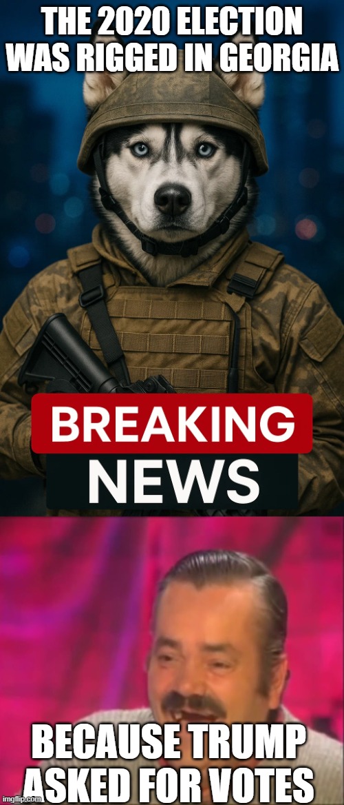 "GIVE ME VOTES SO I CAN WIN" - Trump, then claiming it was rigged | THE 2020 ELECTION WAS RIGGED IN GEORGIA; BECAUSE TRUMP ASKED FOR VOTES | image tagged in husky soldier breaking news template,kekw | made w/ Imgflip meme maker