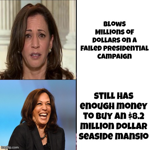 Kamal-A-Lago | Blows Millions of dollars on a failed Presidential campaign; Still has enough money to buy an $8.2 million dollar seaside mansio | image tagged in politicians suck,elite scum,american royalty,liberal hypocrisy,democrats democratting | made w/ Imgflip meme maker