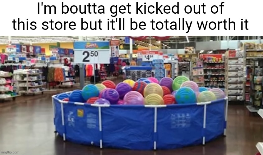 Gonna dive right into this | I'm boutta get kicked out of this store but it'll be totally worth it | image tagged in pool,store,balls,not that kind of balls,toys,swimming | made w/ Imgflip meme maker