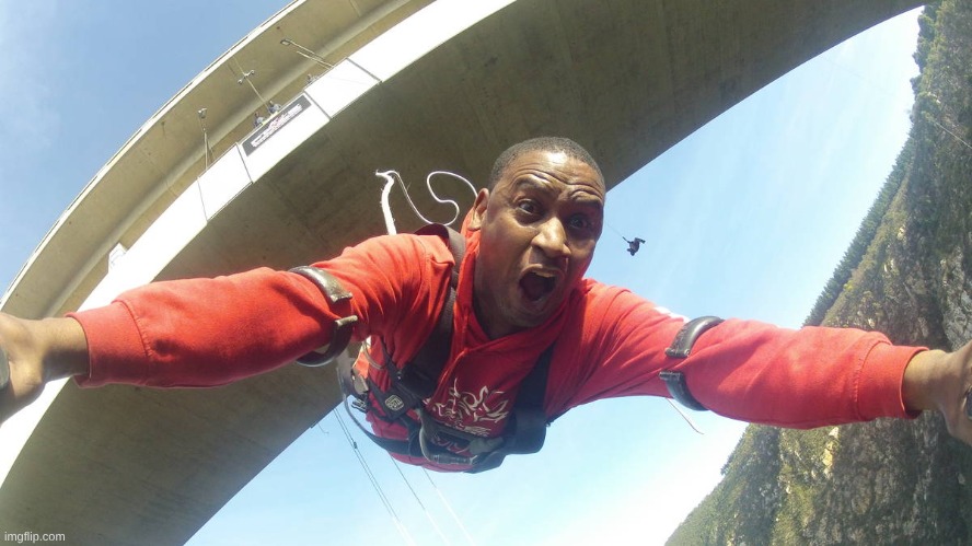 Scared Bungee jumper | image tagged in scared bungee jumper | made w/ Imgflip meme maker