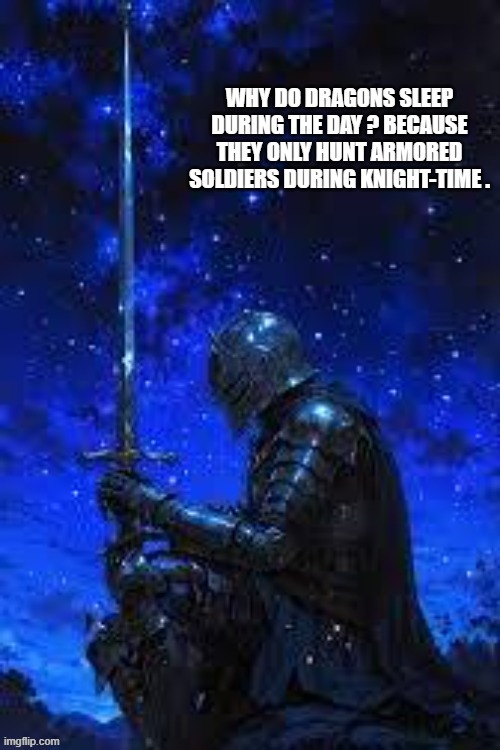 Dragons sleep during the day so they can hunt armored soldiers at knight. | image tagged in funny,humor,dragon,knight,play on words,hunting | made w/ Imgflip meme maker
