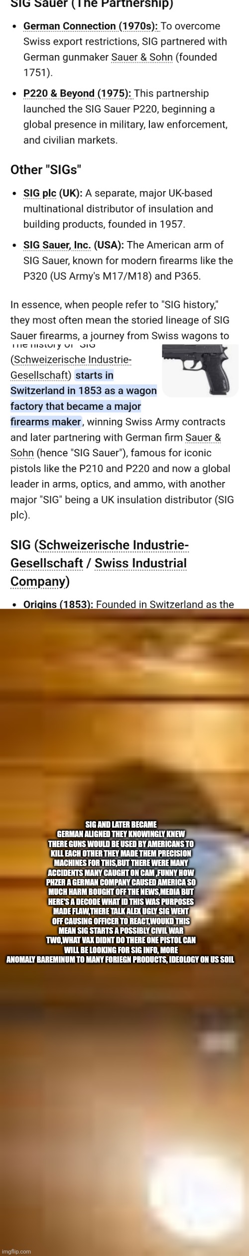 CIVIL WAR TWO CATYLIST ? Decoder goes deep ,comes out with answers | SIG AND LATER BECAME GERMAN ALIGNED THEY KNOWINGLY KNEW THERE GUNS WOULD BE USED BY AMERICANS TO KILL EACH OTHER THEY MADE THEM PRECISION MACHINES FOR THIS,BUT THERE WERE MANY ACCIDENTS MANY CAUGHT ON CAM ,FUNNY HOW PHZER A GERMAN COMPANY CAUSED AMERICA SO MUCH HARM BOUGHT OFF THE NEWS,MEDIA BUT HERE'S A DECODE WHAT ID THIS WAS PURPOSES MADE FLAW,THERE TALK ALEX UGLY SIG WENT OFF CAUSING OFFICER TO REACT,WOUKD THIS MEAN SIG STARTS A POSSIBLY CIVIL WAR TWO,WHAT VAX DIDNT DO THERE ONE PISTOL CAN WILL BE LOOKING FOR SIG INFO, MORE ANOMALY BAREMINUM TO MANY FORIEGN PRODUCTS, IDEOLOGY ON US SOIL | image tagged in decoder | made w/ Imgflip meme maker