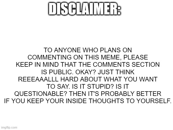 DISCLAIMER: TO ANYONE WHO PLANS ON COMMENTING ON THIS MEME, PLEASE KEEP IN MIND THAT THE COMMENTS SECTION IS PUBLIC. OKAY? JUST THINK REEEAA | made w/ Imgflip meme maker