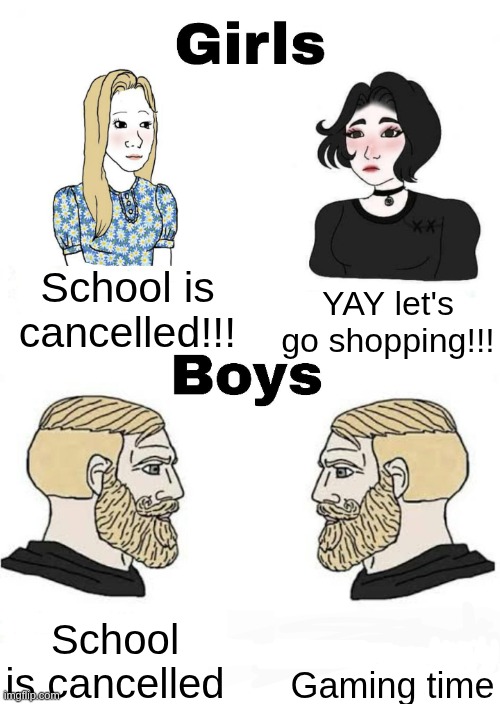 idk | School is cancelled!!! YAY let's go shopping!!! Gaming time; School is cancelled | image tagged in girls vs boys | made w/ Imgflip meme maker