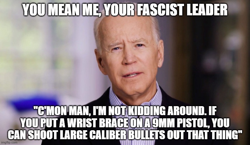 Joe Biden 2020 | YOU MEAN ME, YOUR FASCIST LEADER "C'MON MAN, I'M NOT KIDDING AROUND. IF YOU PUT A WRIST BRACE ON A 9MM PISTOL, YOU CAN SHOOT LARGE CALIBER B | image tagged in joe biden 2020 | made w/ Imgflip meme maker