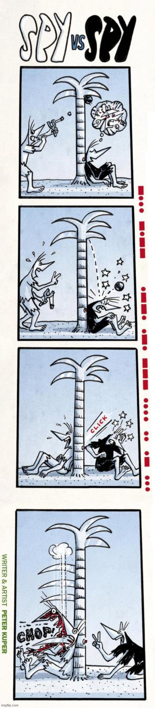 image tagged in spy vs spy,slingshot,coconut,palm tree,knife,chop | made w/ Imgflip meme maker
