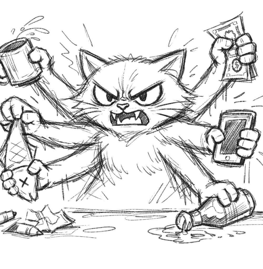 A cat with 4 hands picking up things with anger on her face and Blank Meme Template