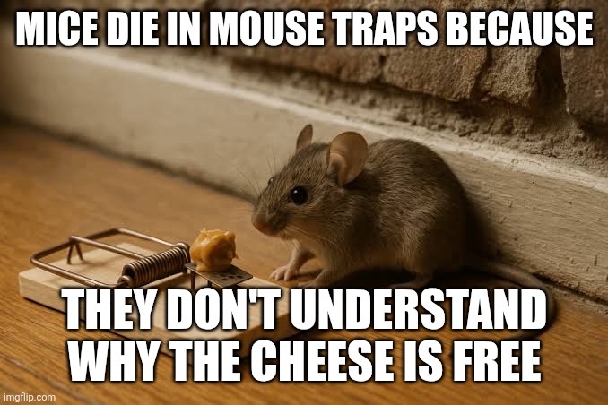 words of wisdom | MICE DIE IN MOUSE TRAPS BECAUSE; THEY DON'T UNDERSTAND WHY THE CHEESE IS FREE | image tagged in words of wisdom,proverb | made w/ Imgflip meme maker