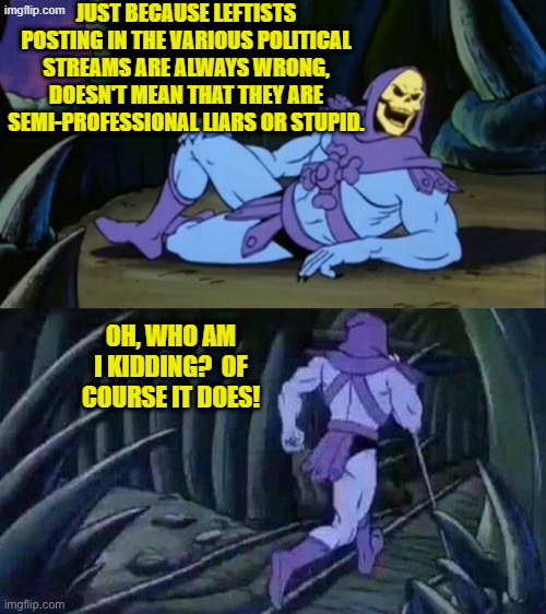 Is this 'funny enough' to prevent me from getting a timer by an Imgflip global mod? | JUST BECAUSE LEFTISTS POSTING IN THE VARIOUS POLITICAL STREAMS ARE ALWAYS WRONG, DOESN'T MEAN THAT THEY ARE SEMI-PROFESSIONAL LIARS OR STUPID. OH, WHO AM I KIDDING?  OF COURSE IT DOES! | image tagged in skeletor disturbing facts | made w/ Imgflip meme maker
