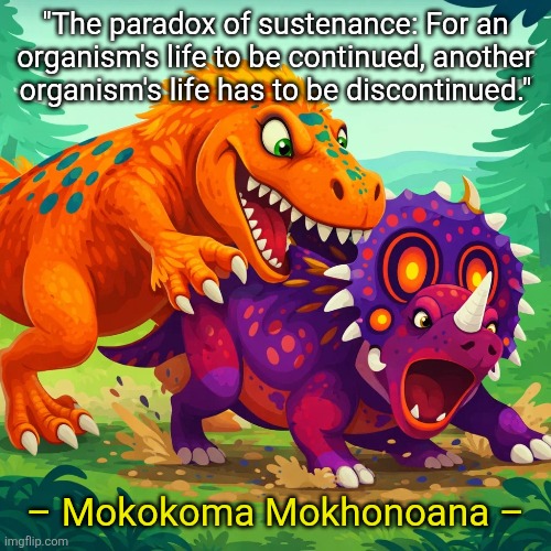 I found the quote while reading one of my books about biology/ecology. | "The paradox of sustenance: For an organism's life to be continued, another organism's life has to be discontinued."; – Mokokoma Mokhonoana – | image tagged in biology,creatures,food chain,memes,nature,reality | made w/ Imgflip meme maker
