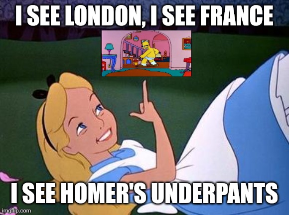 Alice | I SEE LONDON, I SEE FRANCE; I SEE HOMER'S UNDERPANTS | image tagged in alice,homer simpson,underpants,giggling | made w/ Imgflip meme maker