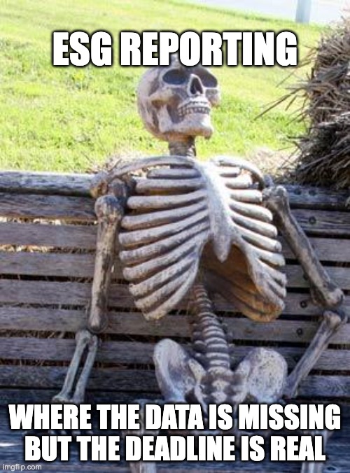 Waiting Skeleton Meme | ESG REPORTING; WHERE THE DATA IS MISSING BUT THE DEADLINE IS REAL | image tagged in memes,waiting skeleton | made w/ Imgflip meme maker