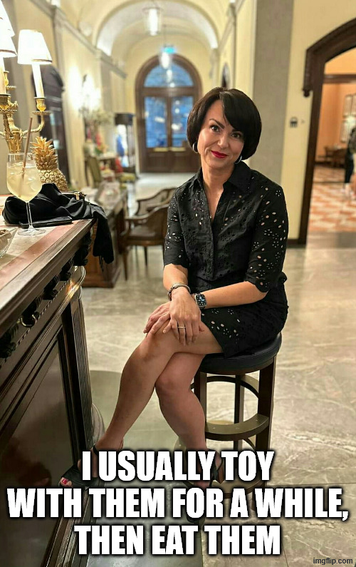 Milf | I USUALLY TOY WITH THEM FOR A WHILE,
THEN EAT THEM | image tagged in milf | made w/ Imgflip meme maker
