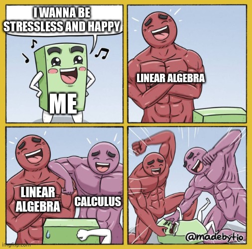 Guy getting beat up | I WANNA BE STRESSLESS AND HAPPY; LINEAR ALGEBRA; ME; LINEAR ALGEBRA; CALCULUS | image tagged in guy getting beat up | made w/ Imgflip meme maker