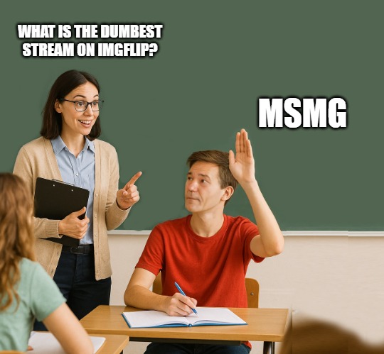 teacher asking | WHAT IS THE DUMBEST STREAM ON IMGFLIP? MSMG | image tagged in teacher asking | made w/ Imgflip meme maker