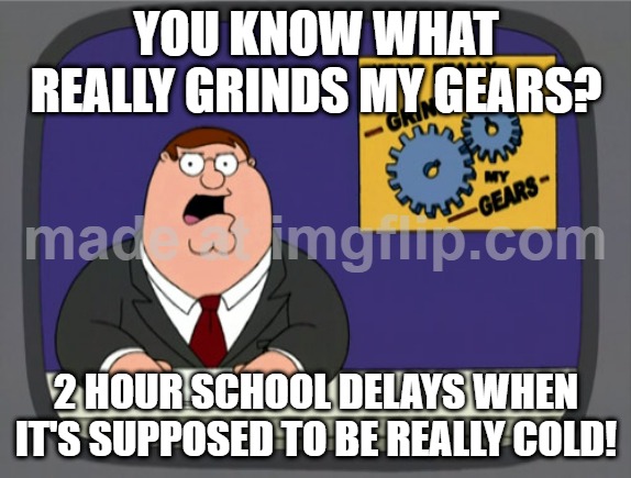 Peter Griffin News | YOU KNOW WHAT REALLY GRINDS MY GEARS? 2 HOUR SCHOOL DELAYS WHEN IT'S SUPPOSED TO BE REALLY COLD! | image tagged in memes,peter griffin news,true | made w/ Imgflip meme maker