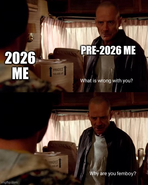 Thought of this lol | 2026 ME; PRE-2026 ME; femboy? | image tagged in why are you blue | made w/ Imgflip meme maker