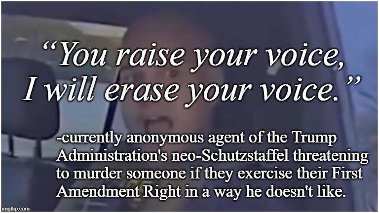 There's only one way to erase a voice. | “You raise your voice,
I will erase your voice.”; -currently anonymous agent of the Trump
Administration's neo-Schutzstaffel threatening
to murder someone if they exercise their First
Amendment Right in a way he doesn't like. | image tagged in skinhead,nazi says what,trump administration,neo-nazis,papiere bitte,isaiah 58-1 | made w/ Imgflip meme maker