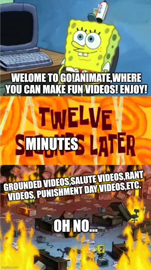Goanimate goes crazy after all (joke) | WELOME TO GO!ANIMATE,WHERE YOU CAN MAKE FUN VIDEOS! ENJOY! MINUTES; GROUNDED VIDEOS,SALUTE VIDEOS,RANT VIDEOS, PUNISHMENT DAY VIDEOS,ETC. OH NO... | image tagged in spongebob office rage,goanimate | made w/ Imgflip meme maker