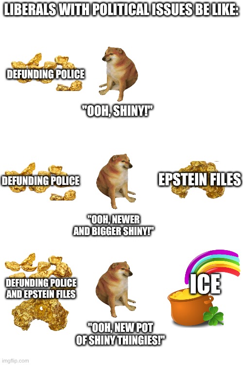 Attention Span of a Goldfish With ADHD. | LIBERALS WITH POLITICAL ISSUES BE LIKE:; DEFUNDING POLICE; "OOH, SHINY!"; EPSTEIN FILES; DEFUNDING POLICE; "OOH, NEWER AND BIGGER SHINY!"; ICE; DEFUNDING POLICE AND EPSTEIN FILES; "OOH, NEW POT OF SHINY THINGIES!" | image tagged in liberals,political issues | made w/ Imgflip meme maker