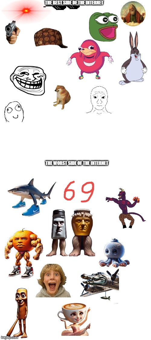 there are 2 sides to the internet | THE BEST SIDE OF THE INTERNET; THE WORST SIDE OF THE INTERNET | image tagged in the best side of the internet vs the worst side of the internet | made w/ Imgflip meme maker