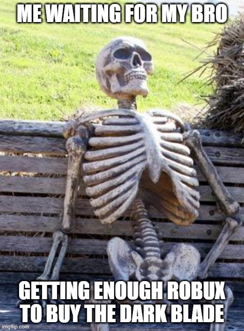 still waitting | ME WAITING FOR MY BRO; GETTING ENOUGH ROBUX TO BUY THE DARK BLADE | image tagged in memes,waiting skeleton,roblox,blox fruit | made w/ Imgflip meme maker