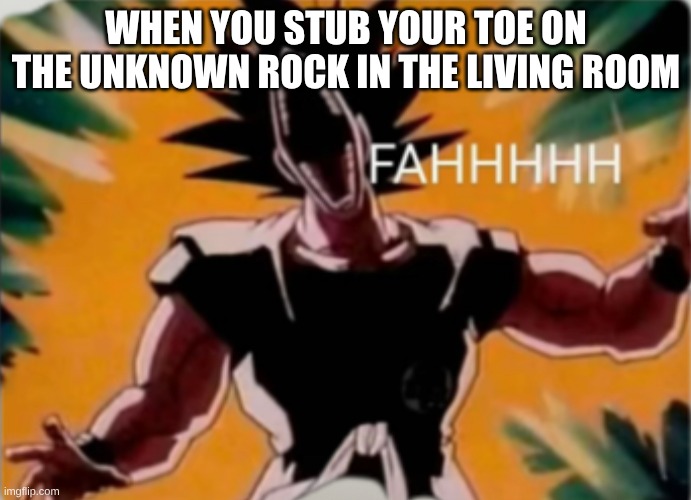 Idk | WHEN YOU STUB YOUR TOE ON THE UNKNOWN ROCK IN THE LIVING ROOM | image tagged in fahhh | made w/ Imgflip meme maker