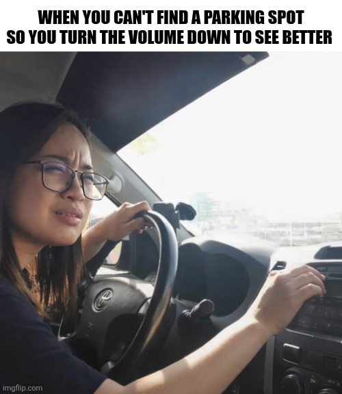 When You Can't Find A Parking Spot | WHEN YOU CAN'T FIND A PARKING SPOT SO YOU TURN THE VOLUME DOWN TO SEE BETTER | image tagged in chrisjoines1 | made w/ Imgflip meme maker