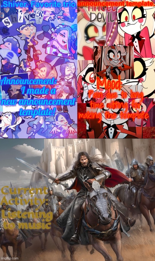 Do you like it? | I made a new announcement template! Pain due to long time sitting for making the template; Listening to music | image tagged in shiver favorite trio announcement temp | made w/ Imgflip meme maker