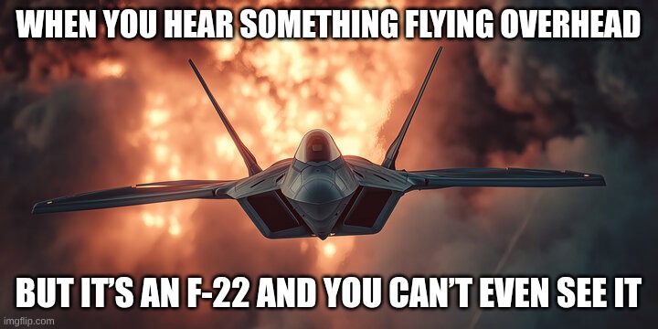Relatable | WHEN YOU HEAR SOMETHING FLYING OVERHEAD; BUT IT’S AN F-22 AND YOU CAN’T EVEN SEE IT | image tagged in wo | made w/ Imgflip meme maker