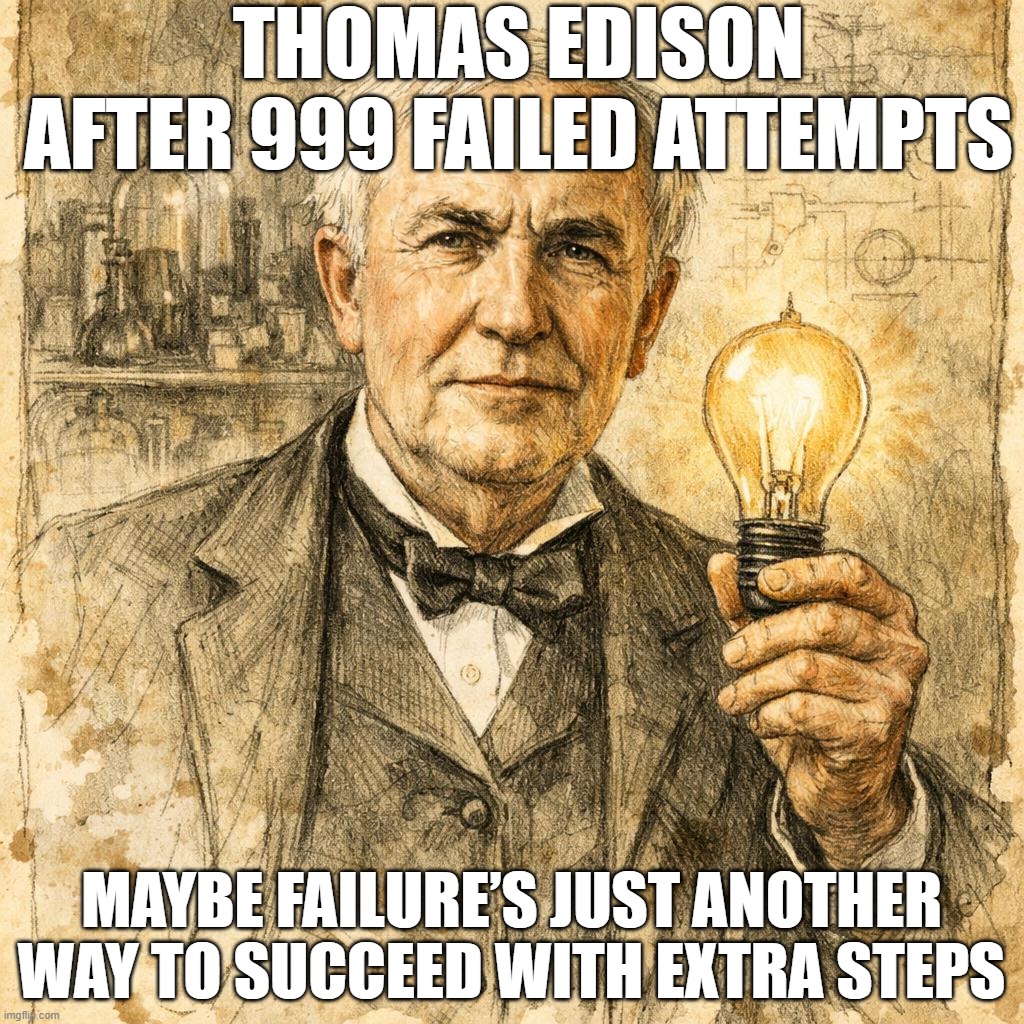 let there be light | THOMAS EDISON AFTER 999 FAILED ATTEMPTS; MAYBE FAILURE’S JUST ANOTHER WAY TO SUCCEED WITH EXTRA STEPS | image tagged in science | made w/ Imgflip meme maker