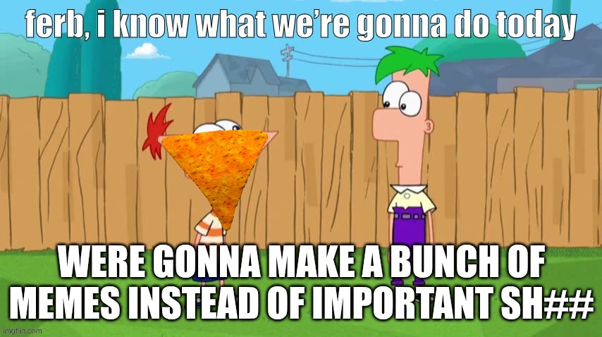 Ferb, i know what we’re gonna do today | WERE GONNA MAKE A BUNCH OF MEMES INSTEAD OF IMPORTANT SH## | image tagged in ferb i know what we re gonna do today | made w/ Imgflip meme maker