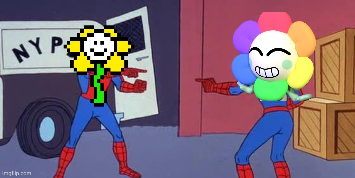 The second one is dandy from dandy's world btw | image tagged in spider man double | made w/ Imgflip meme maker