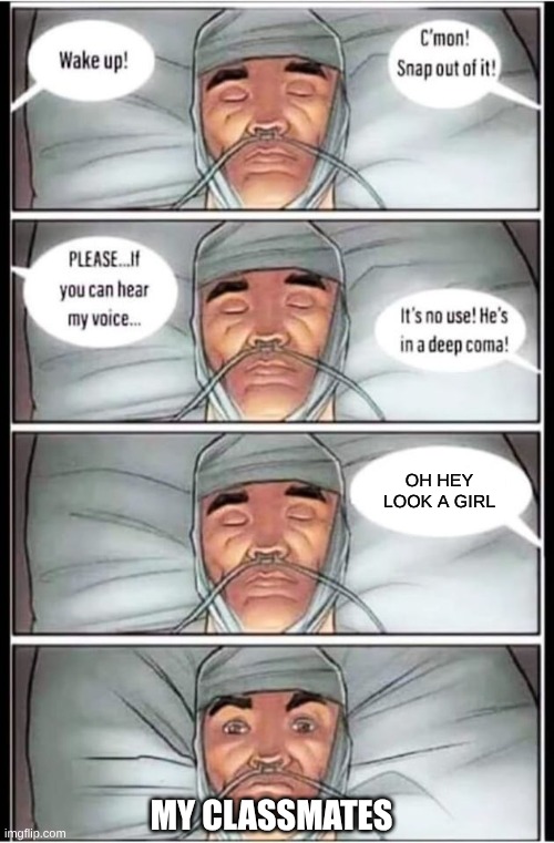 Coma | OH HEY LOOK A GIRL; MY CLASSMATES | image tagged in coma | made w/ Imgflip meme maker