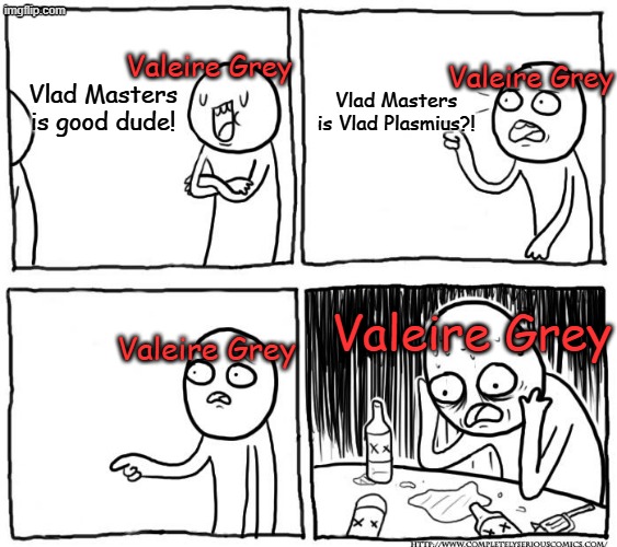 D-Stabilized be like...2 | Valeire Grey; Valeire Grey; Vlad Masters is Vlad Plasmius?! Vlad Masters is good dude! Valeire Grey; Valeire Grey | image tagged in depression after realization,danny phantom,valerie grey,nickelodeon | made w/ Imgflip meme maker