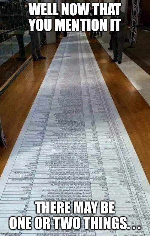 really long list | WELL NOW THAT YOU MENTION IT THERE MAY BE ONE OR TWO THINGS. . . | image tagged in really long list | made w/ Imgflip meme maker