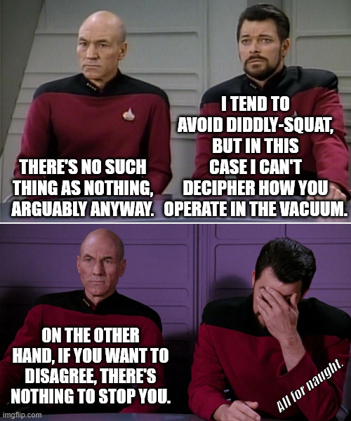 0_0 A QI Stepen Fried Egg | I TEND TO AVOID DIDDLY-SQUAT, BUT IN THIS CASE I CAN'T DECIPHER HOW YOU OPERATE IN THE VACUUM. THERE'S NO SUCH THING AS NOTHING, ARGUABLY ANYWAY. ON THE OTHER HAND, IF YOU WANT TO DISAGREE, THERE'S NOTHING TO STOP YOU. All for naught. | image tagged in picard riker listening to a pun,star trek,dad joke | made w/ Imgflip meme maker