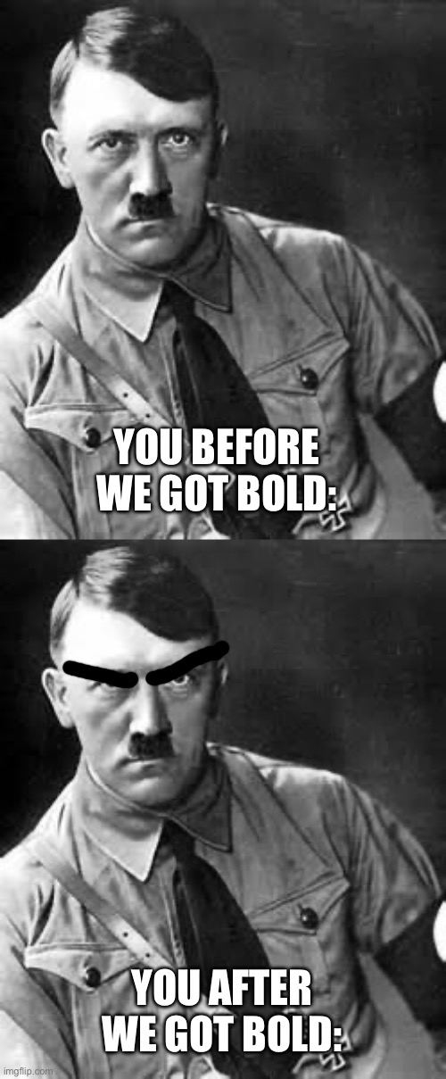 YOU BEFORE WE GOT BOLD: YOU AFTER WE GOT BOLD: | image tagged in adolf hitler | made w/ Imgflip meme maker