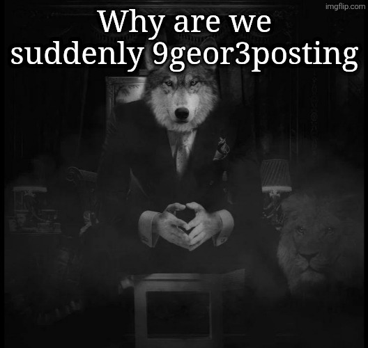 Wolf on a chair | Why are we suddenly 9geor3posting | image tagged in wolf on a chair | made w/ Imgflip meme maker