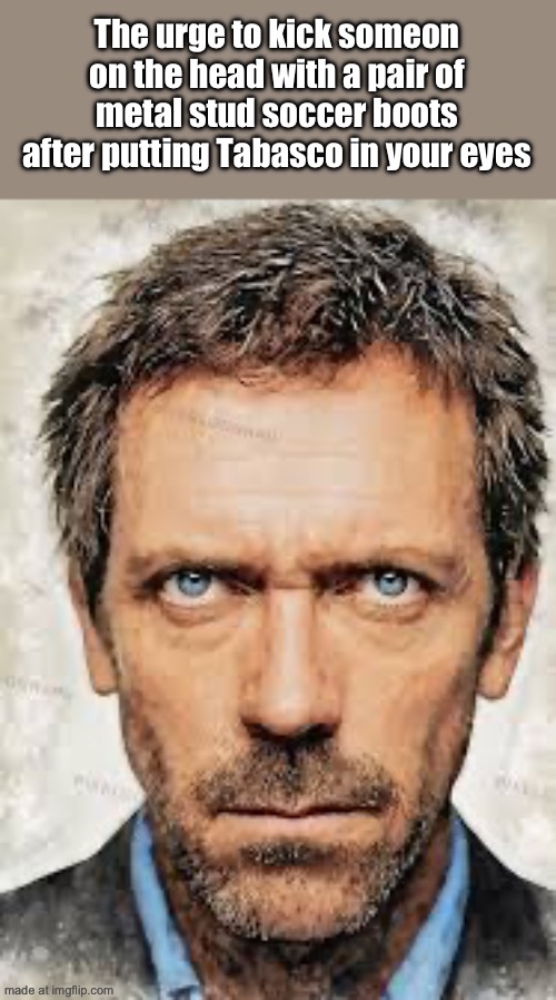 dr House | The urge to kick someon on the head with a pair of metal stud soccer boots after putting Tabasco in your eyes | image tagged in dr house | made w/ Imgflip meme maker