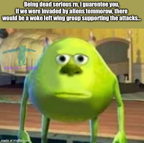 . | Being dead serious rn, i guarantee you, if we were invaded by aliens tommorow, there would be a woke left wing group supporting the attacks… | image tagged in monsters inc | made w/ Imgflip meme maker