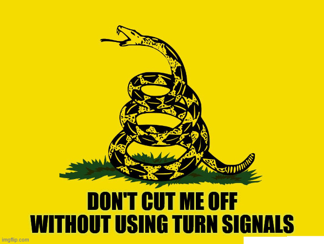 Turn Signal NAP Violation | DON'T CUT ME OFF WITHOUT USING TURN SIGNALS | image tagged in gasden flag | made w/ Imgflip meme maker