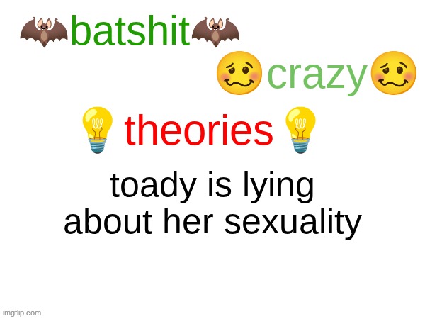 SHES BI I SWEAR | toady is lying about her sexuality | image tagged in batshit crazy theories | made w/ Imgflip meme maker
