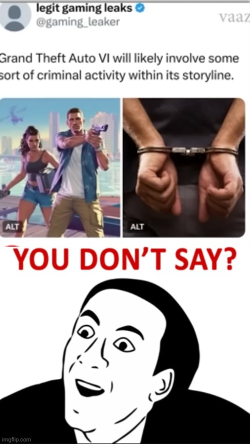 image tagged in you dont say,gaming,video games,gta,gta 6,leaks | made w/ Imgflip meme maker