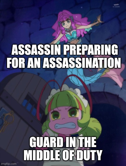 Laura t-posting at Elda (Precure) | ASSASSIN PREPARING FOR AN ASSASSINATION; GUARD IN THE MIDDLE OF DUTY | image tagged in laura t-posting at elda precure | made w/ Imgflip meme maker